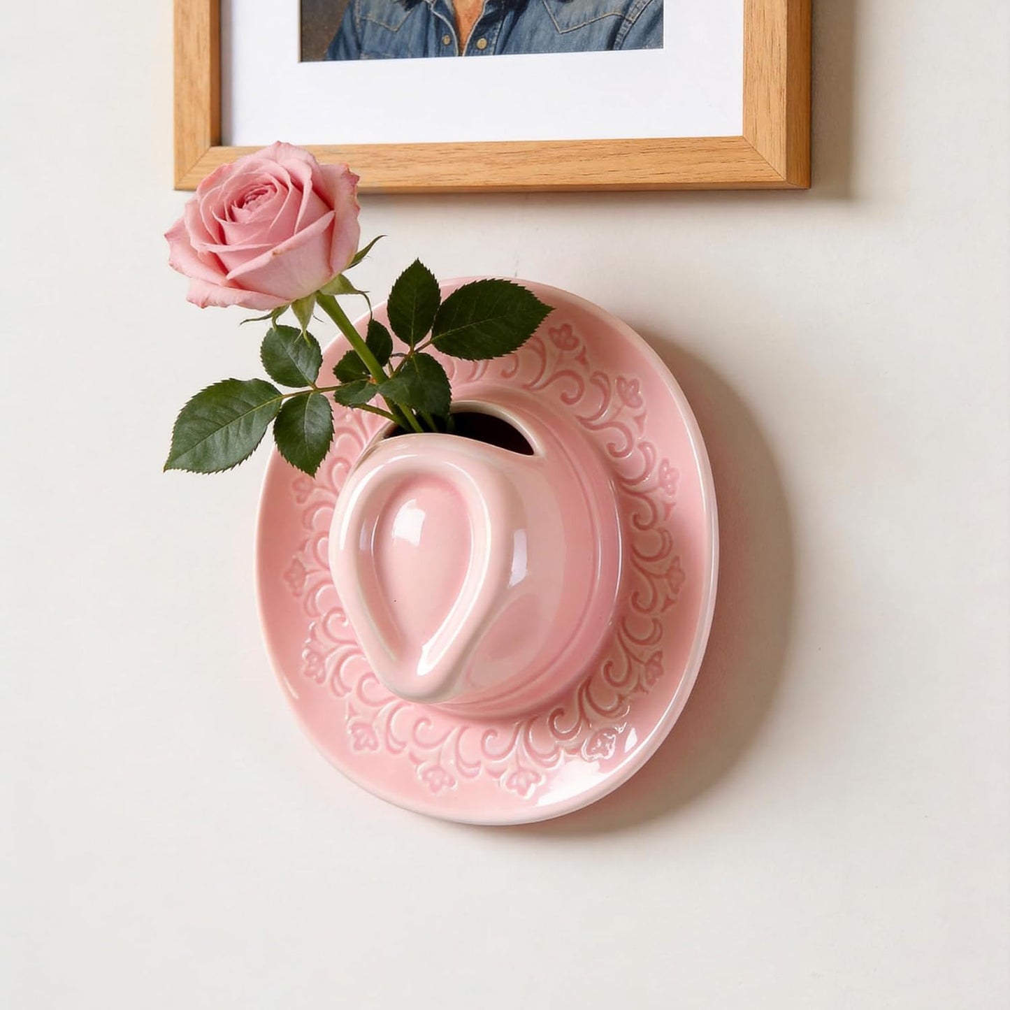 Ceramic Cowboy Hat Vase - 8.2" Pink Handmade Hanging Flower Planter, Western Boho Room Decor & Coastal Cowgirl Aesthetic Wall Art for Home Decor