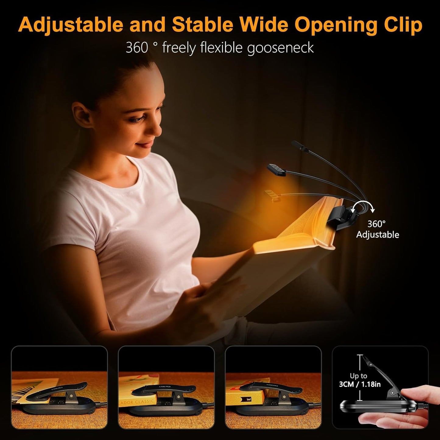 Gritin Rechargeable Book Light for Reading in Bed with 19 LED &Memory Function-Eye Caring 3 Color Temperatures,5 Brightness Levels,90 Hrs Runtime Flexible Goose Neck Clip on Light for Book Lovers