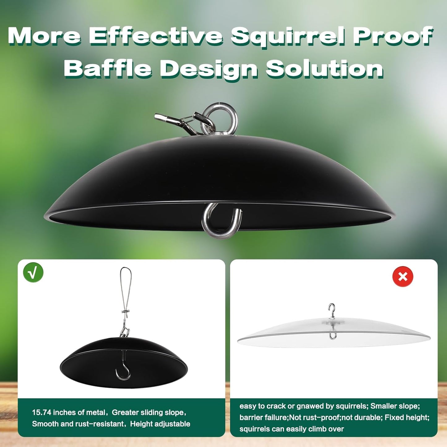 Squirrel Baffle for Bird Feeders,15.7-inch Metal Dome,Squirrel Proof, Weather Shield, with Suspension Wire Rope and Snap Hook for Bird Feeder Pole, Shepherd's Hook,Trees,1 Pack(Black)
