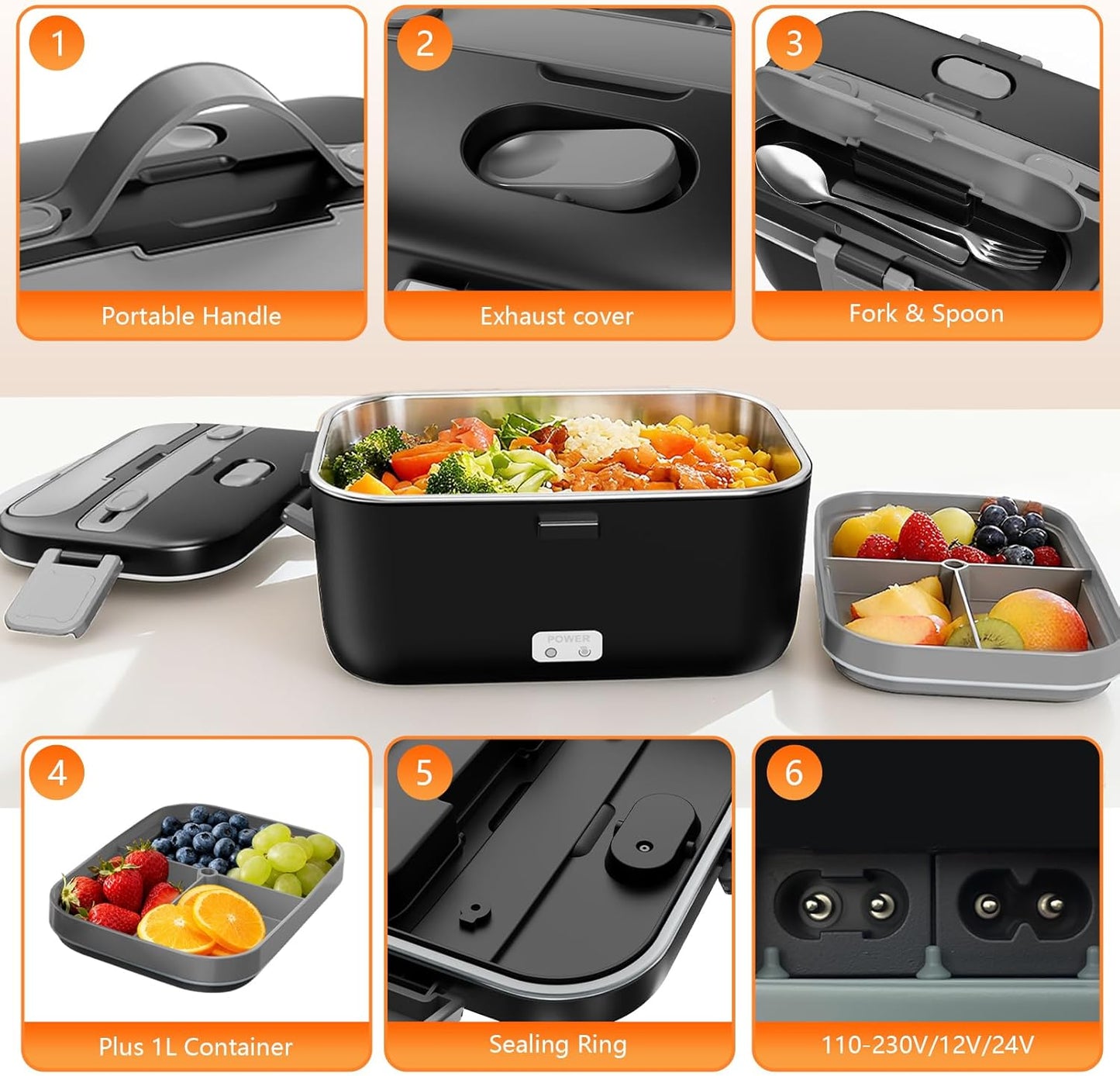 Electric Lunch Box for Adults, 2.8L Double Layer 100W Fast Heated Lunch Box, Heating Food Heater Warmer for Home Office Car Truck Use, Extra Large Lonchera Electrica Portátil 12/24V/110-230V, Black