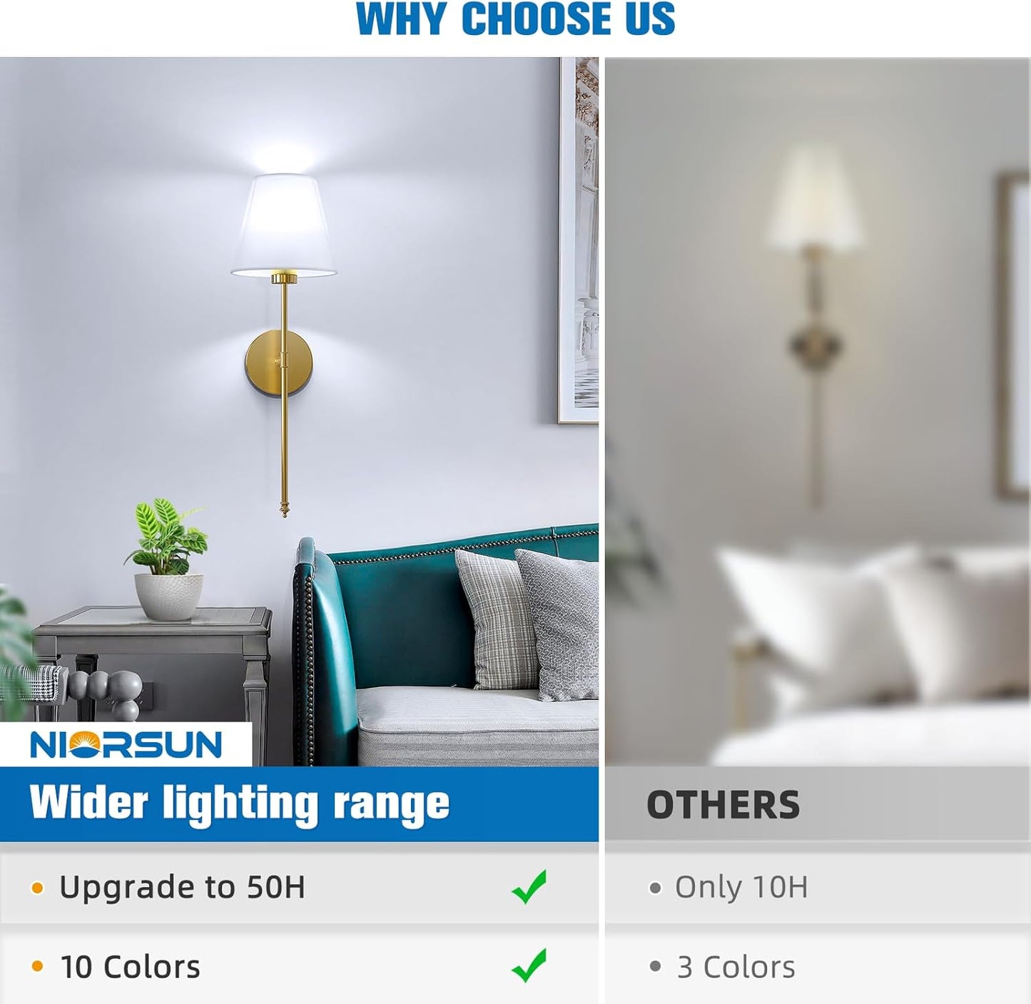 NIORSUN Battery Operated Wall Sconce Set of 2,Gold Rechargeable Wall Lights with 5200mAh Dimmable Bulbs and Remote,10 Colors Wireless Wall Lamps for Bedroom Living Room Hallway Decor
