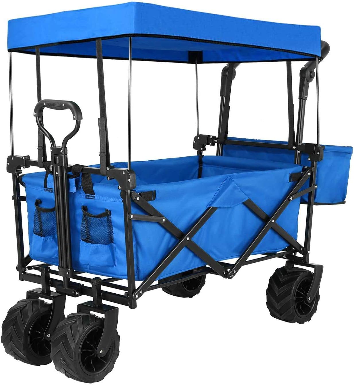 Collapsible Utility Wagon, Heavy Duty Folding Portable Push and Pull Hand Cart with Removable Canopy, for Shopping, Picnic, Beach, Camping (Blue) (Blue)