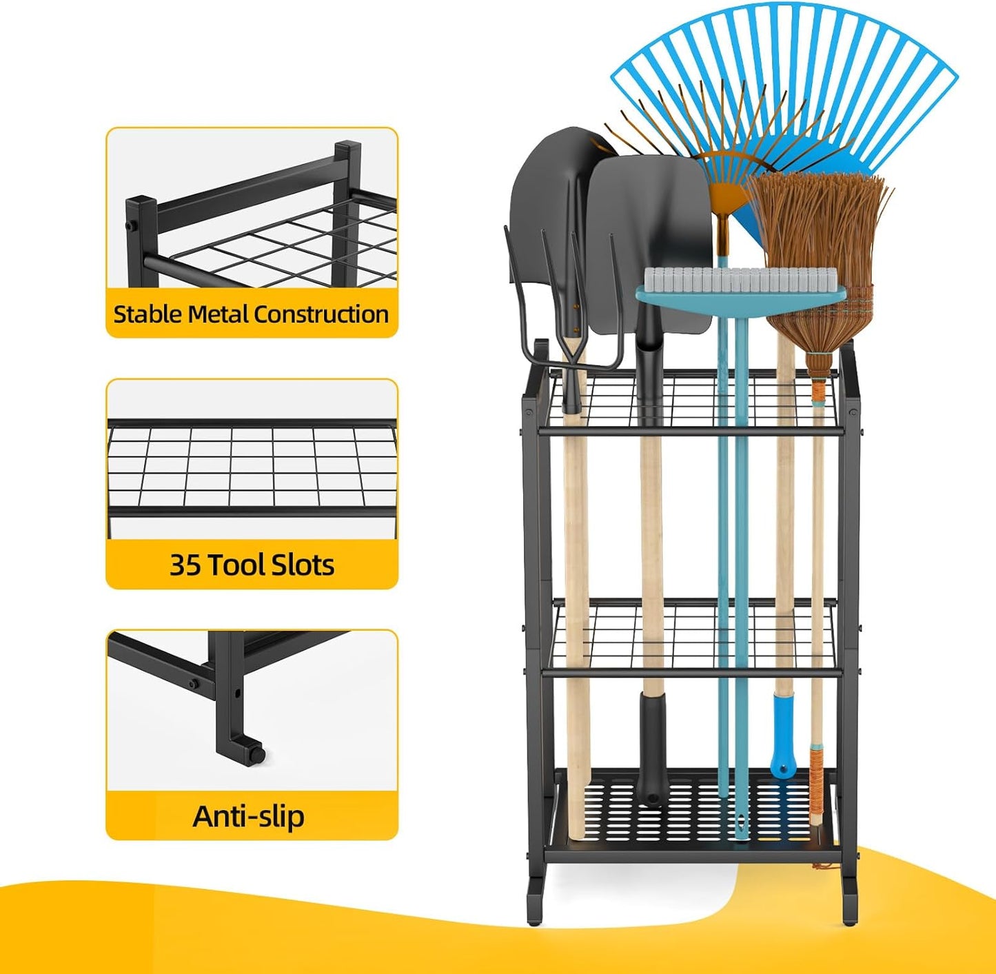 Garden Tool Organizer for Garage，Garden Tool Storage Rack with Wheels，Yard Tool Holder for Garage, Shed, Outdoor, Tool Stand