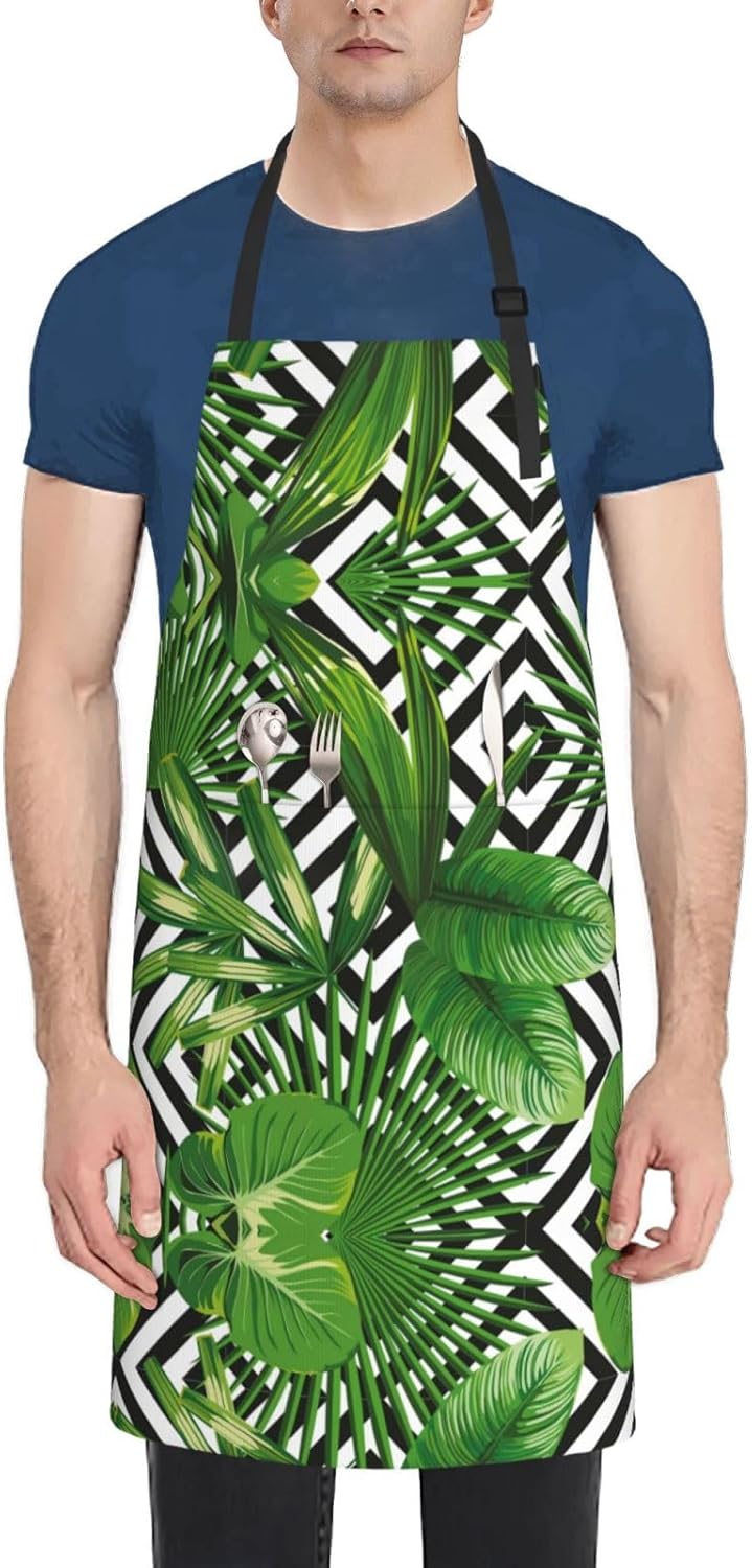 Green Leaves of Palm Tree Tropical Plant Print 28x33 In Adult Kitchen Apron with Pockets Versatile Chef Smock for Cooking Baking