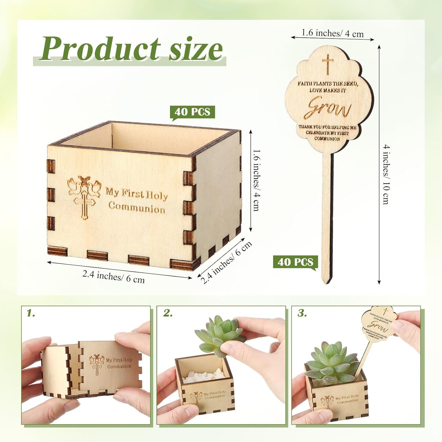 40 Sets First Holy Communion Mini Succulent Pots Plant Labels Wood Planter Pot Small Unfinished Planter First Communion Favors Decorations Holy Communion Gifts Baptism Gifts Let Faith Grow