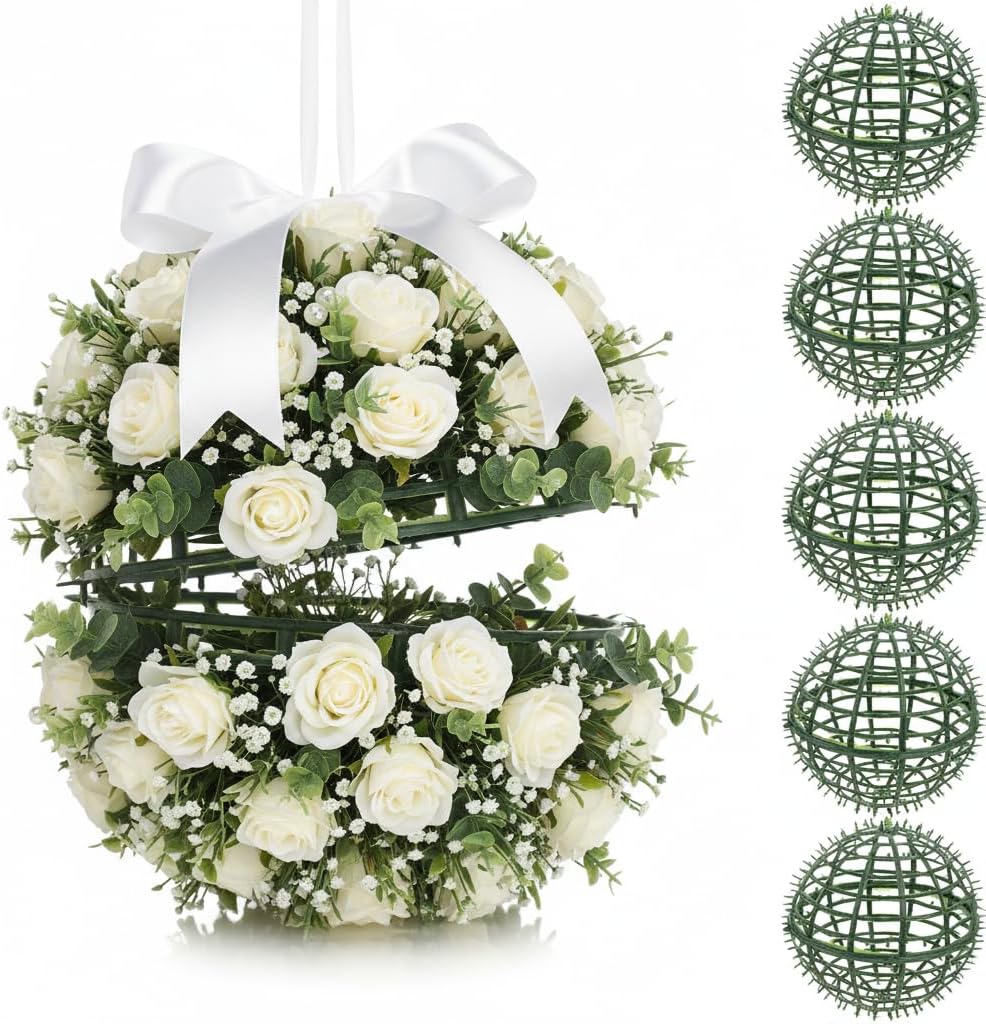 Housoutil 20cm Topiary Ball Frame, 6pcs Plastic Plant Support Cage, Sphere Flower Arrangement Holder for Garden Wedding Outdoor Decor Artificial Greenery Wreath Form Rack DIY Floral Stand