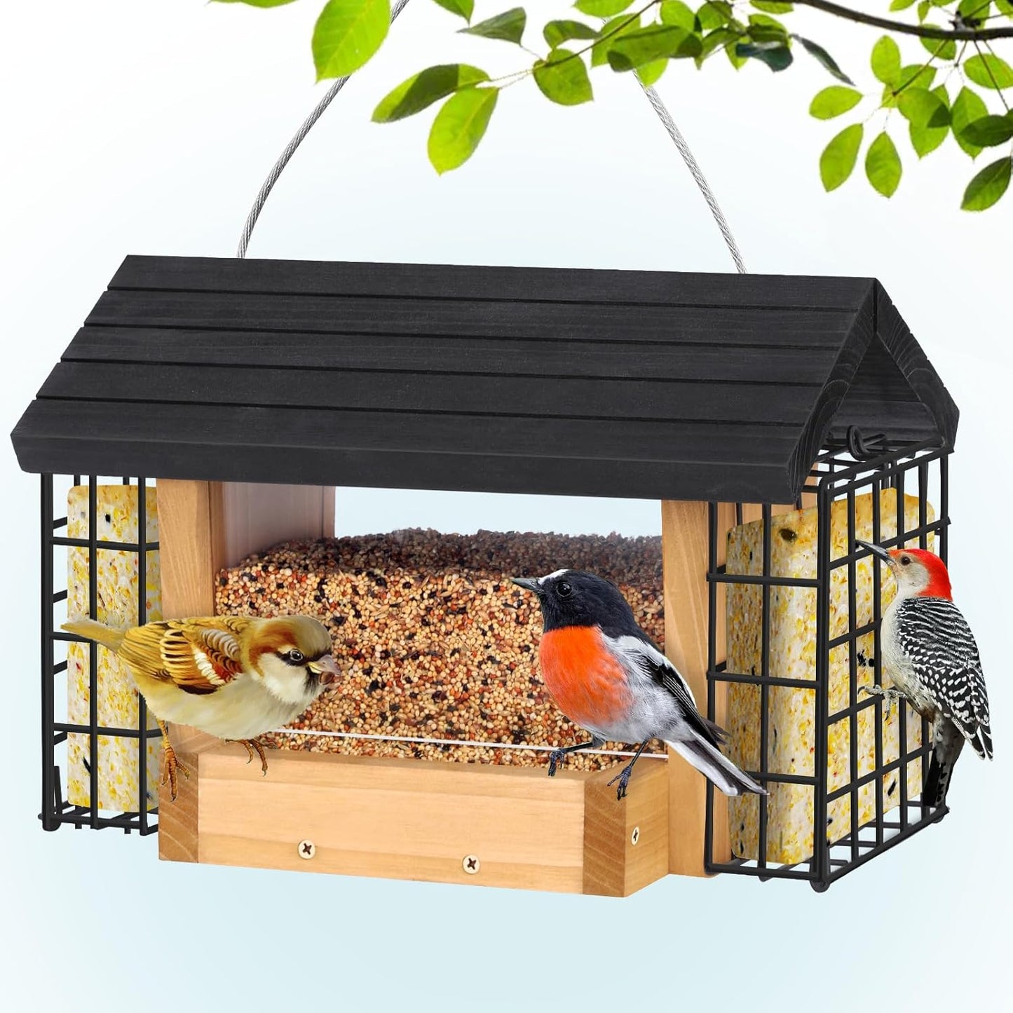 Hopper Bird Feeder for Outdoors Hanging, Wooden Bird Feeder with Double Suet Cage and Large Seed Capacity, Cedar Wood Suet Feeder with Weatherproof Roof, Garden Decoration