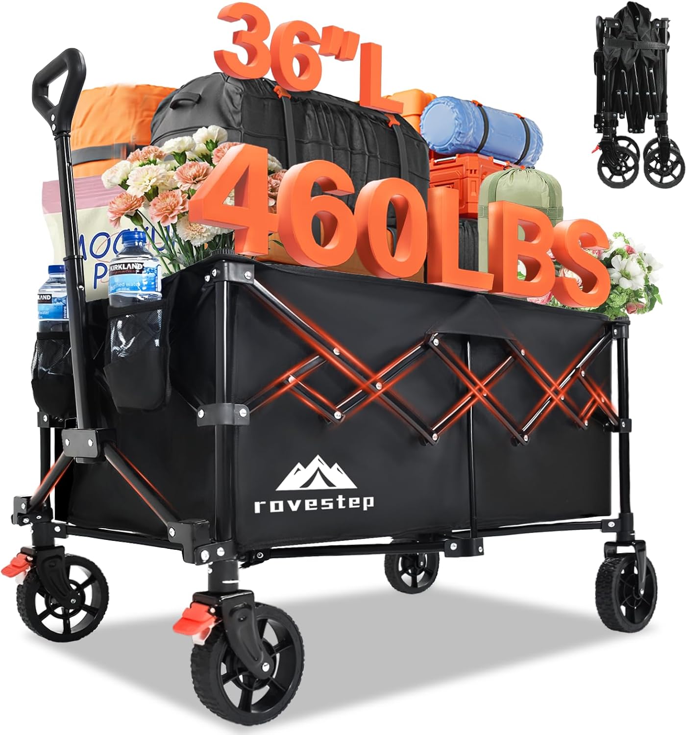 Collapsible Wagon Cart Heavy Duty Utility Carts with All Terrain Wheels for Garden, Grocery, Camping, Sports, Shopping, and Outdoor Use - 460lbs Capacity, Foldable, Portable, 145L Large Wagon