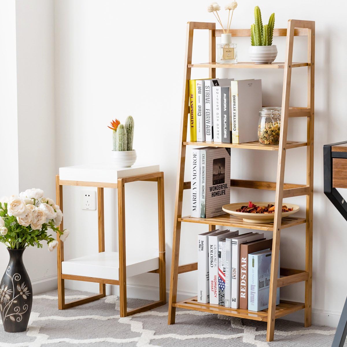 COSTWAY 47.5'' Bamboo Ladder Shelf, Multifunctional Plant Flower Display Stand, Storage Rack, Bookcase Bookshelf Natural (4 Tier)