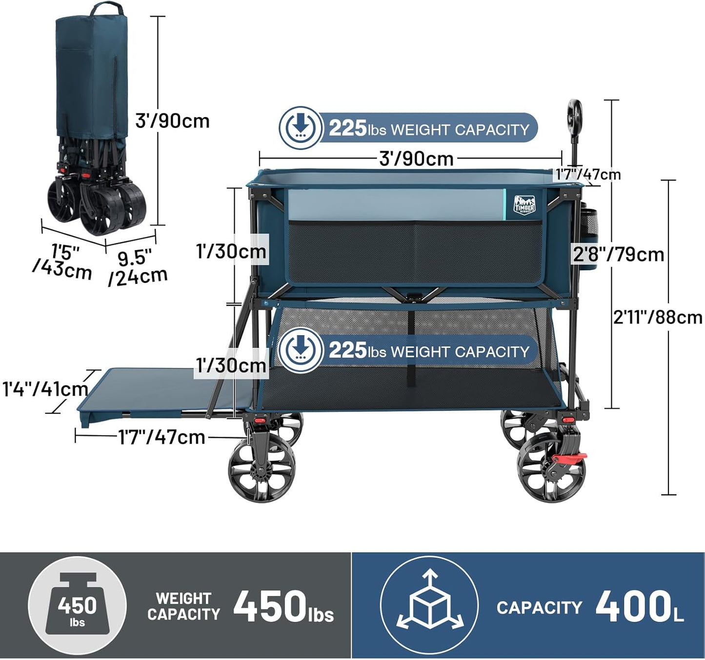 TIMBER RIDGE 400L Large Capacity Folding Double Decker Wagon with Brak