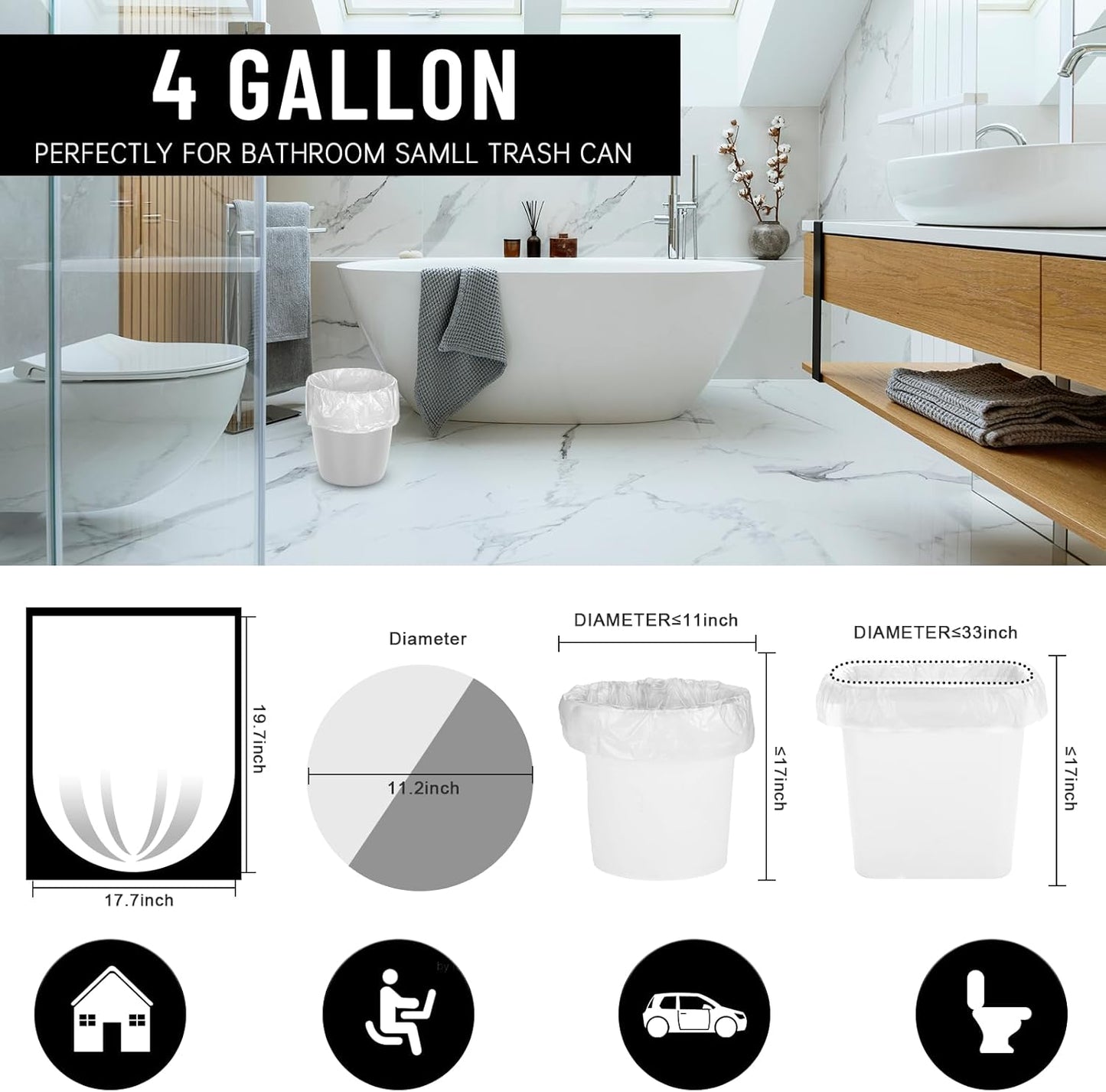 220Counts Small Trash Bags 4 Gallon, Flexible & Durable Small Garbage Bags, Unscented & Easy Tearing 4 Gallon Trash Bag for Kitchen, Bathroom, Bedroom, Office, Transparent,0.3Mil