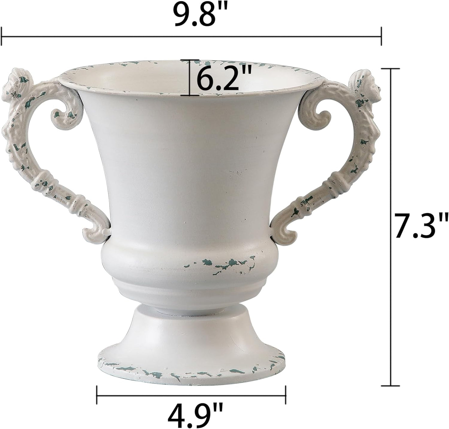 SOFE Distressed White Metal Vase, Decorative Rustic Flower Vase for Wedding Home Decor, 7 Inch Tall Small Urn Planter, Ideal Shelf Decor, Living Room Kitchen Office Table Centerpieces