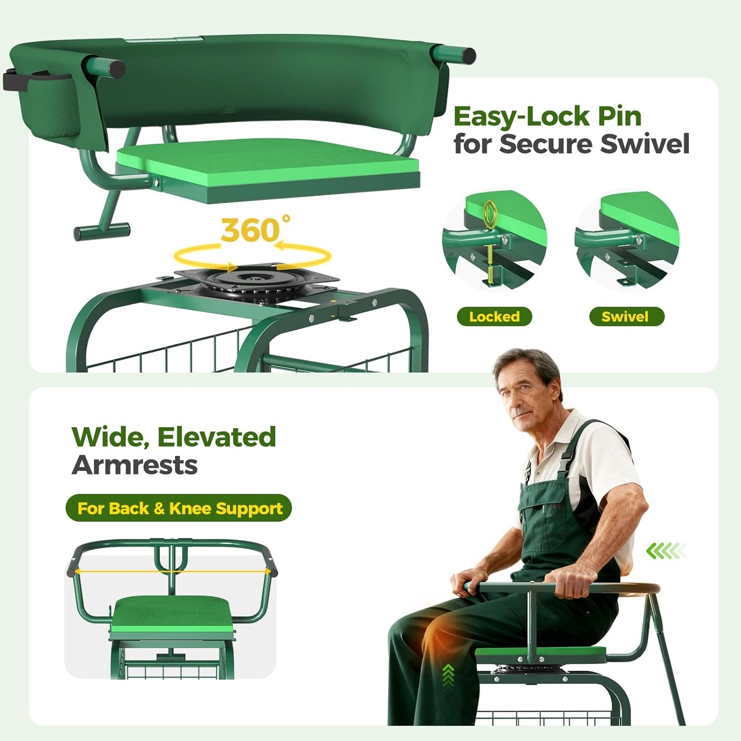Suntee Garden Seat with Wheels, Rolling Gardening Stool with 360° Swiv