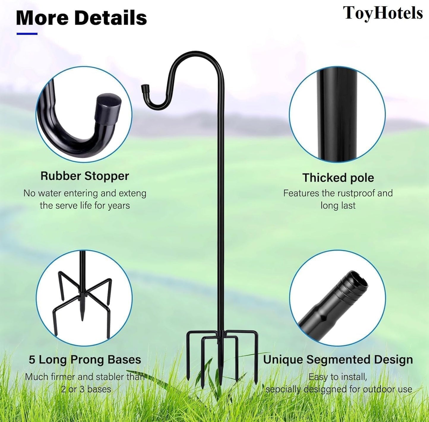 Shepherd Hooks for Outdoor, 1 Pack 62 Inch Bird Feeder Pole with 5 Pro