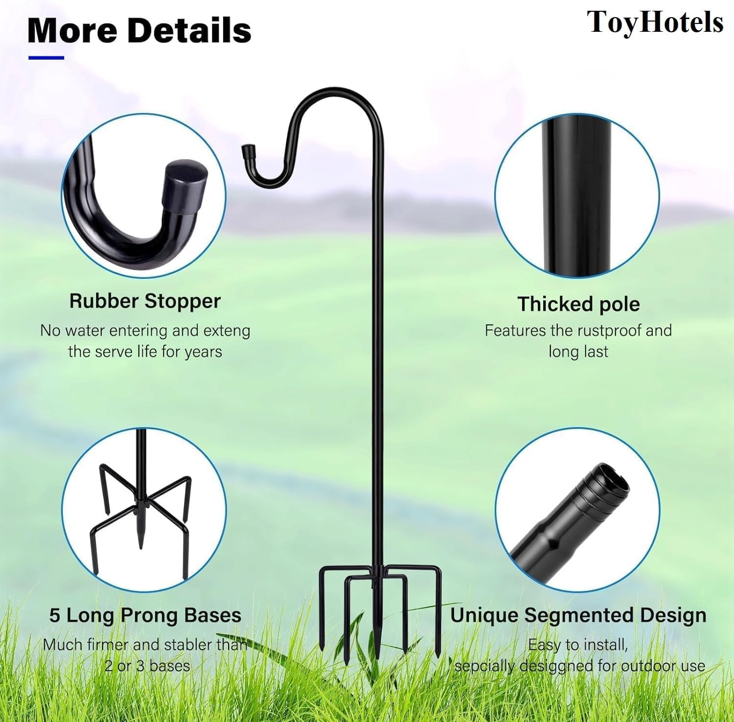 Shepherd Hooks for Outdoor, 1 Pack 62 Inch Bird Feeder Pole with 5 Pro