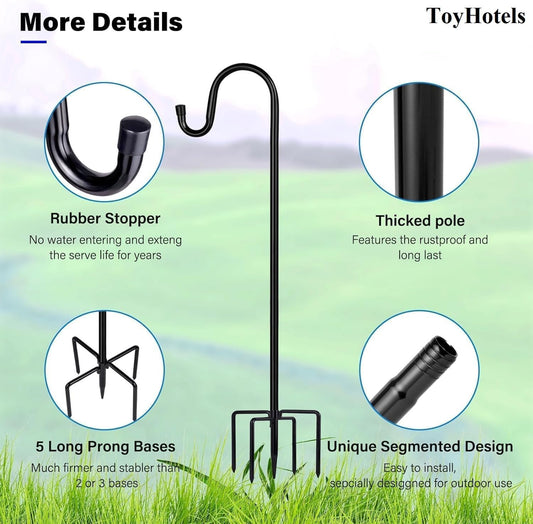 Shepherd Hooks for Outdoor, 1 Pack 62 Inch Bird Feeder Pole with 5 Pro