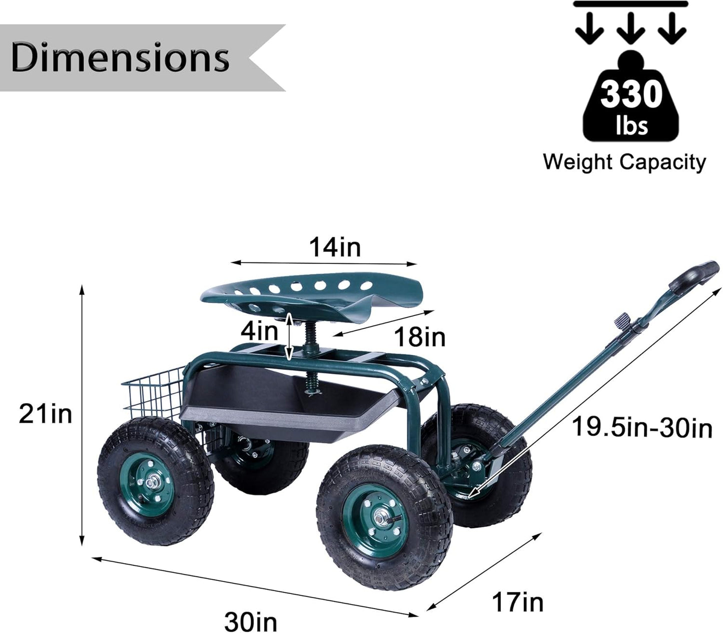 Heavy Duty Garden Cart with Seat and Wheels - Rolling Scooter Work Seat Utility Tool Cart - 330lbs Weight Capacity