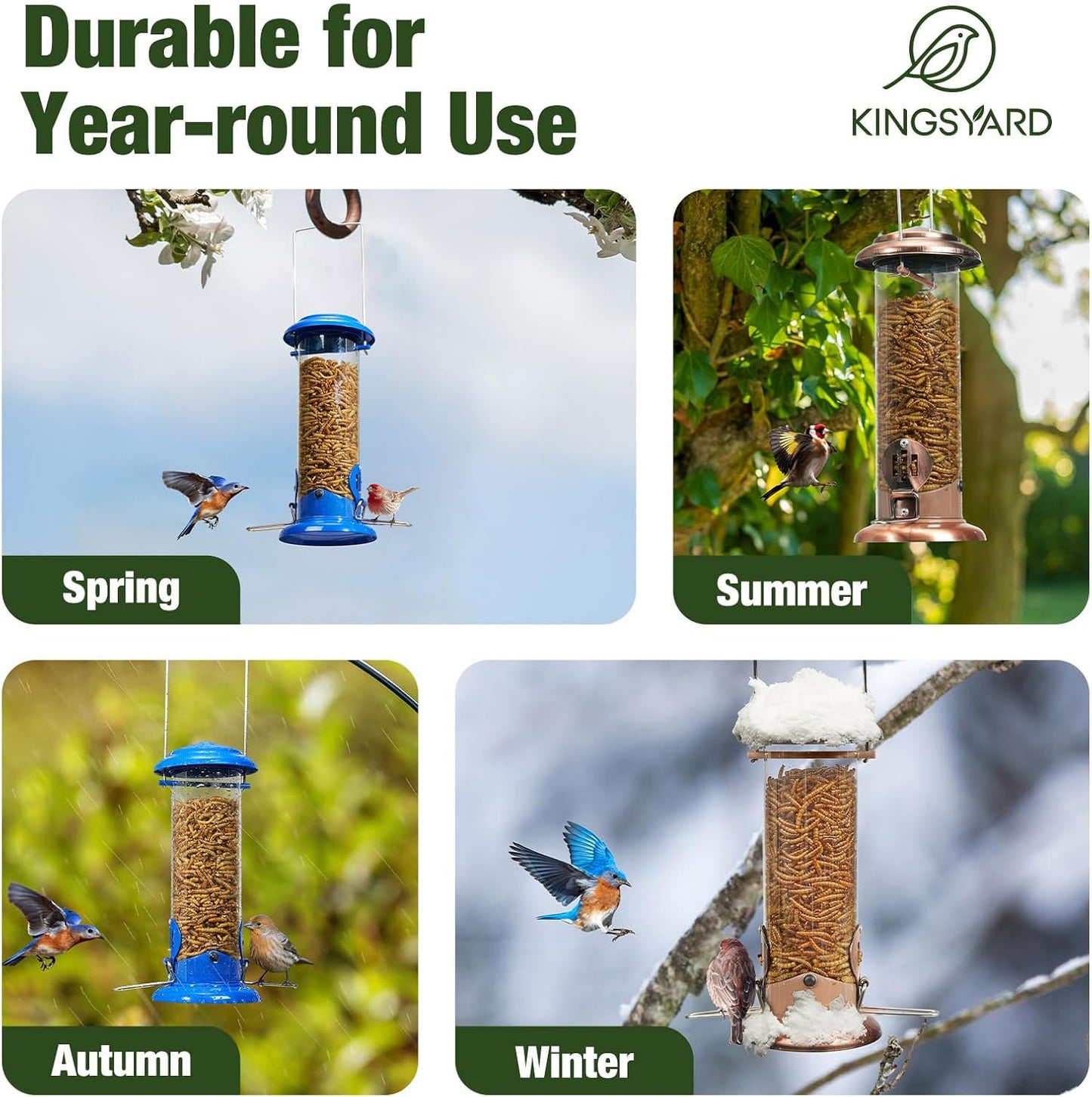 Kingsyard Upgraded Bluebird Feeder for Outdoors Hanging, Metal Mealworm Tube Bird Feeder with Widen Perch for Wild Birds, Squirrel Chew Proof, Easy to Refill & Clean(Copper)