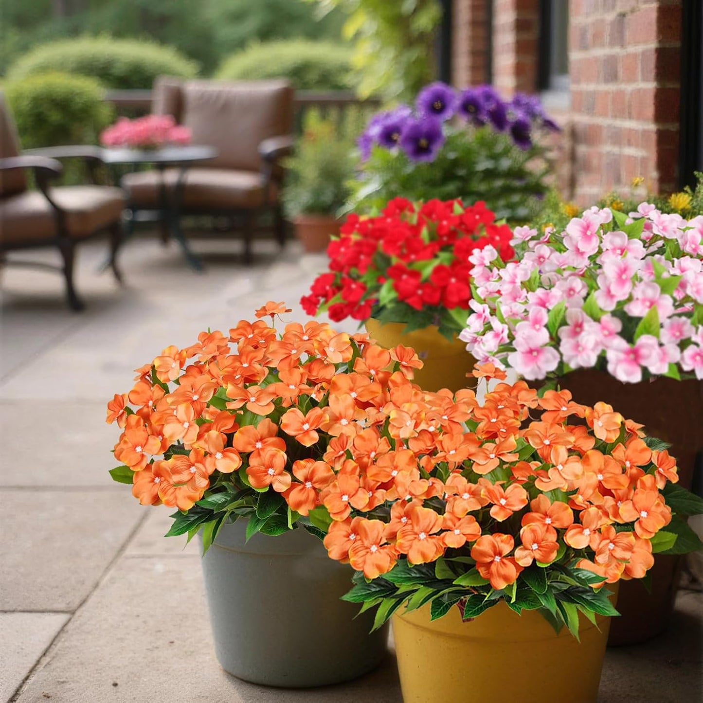 2 Pcs Artificial Impatiens Flowers for Outdoors Silk Flowers Bushes Greenery Bouquet Orange Faux Impatiens for Outdoor Planters Patio Lawn Garden Pot Hanging Basket Porch Home Fall Decoration