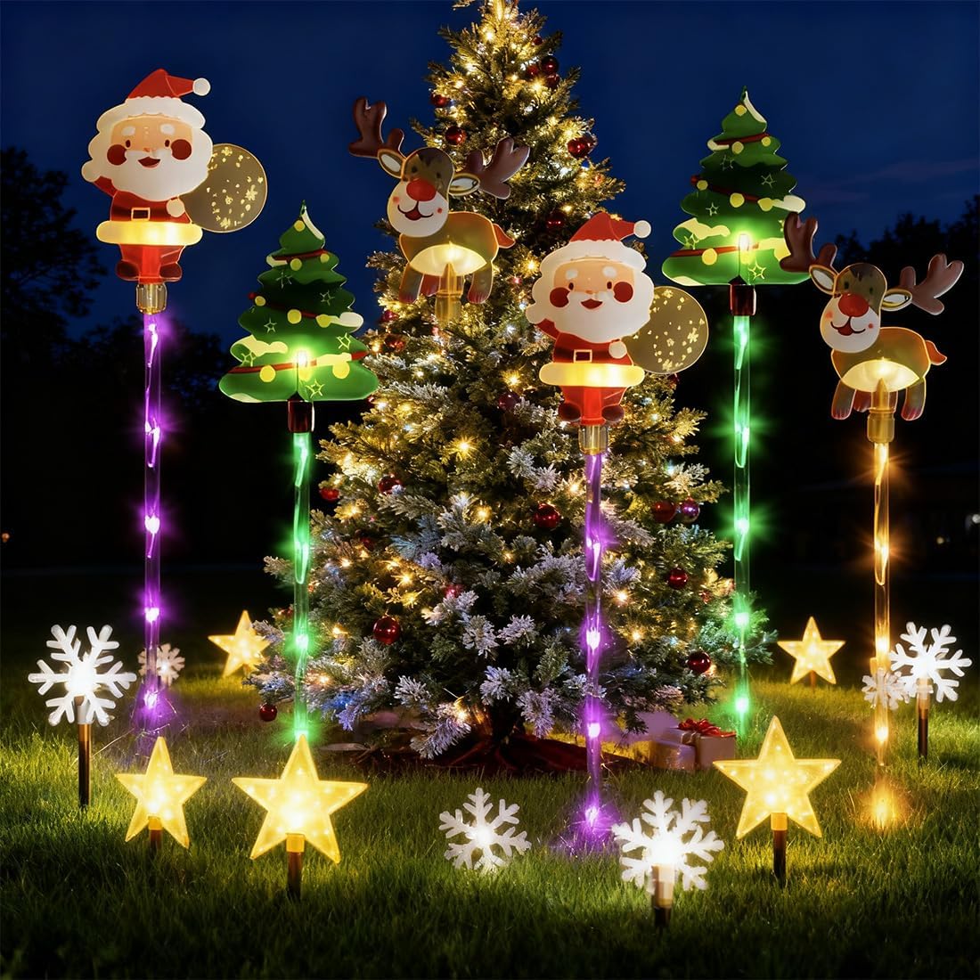 Moving Christmas Lights, 6 Pack of Moving Christmas Solar Lights, Waterproof LED Colorful Stakes Outdoor, Moving Christmas Tree & Reindeer Decorations for Yard, Garden, Courtyard, and Path (A-Style)