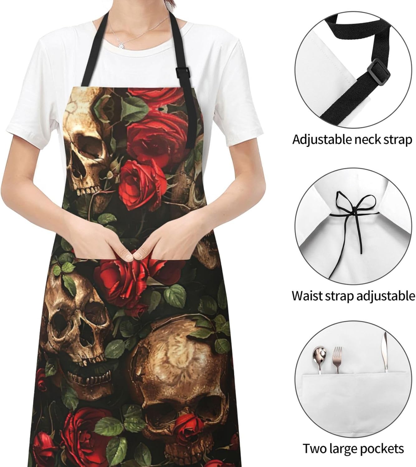 Skull and Red Rose print Waterproof chef's apron with pocket apron for kitchen cooking baking barbecue and gardening