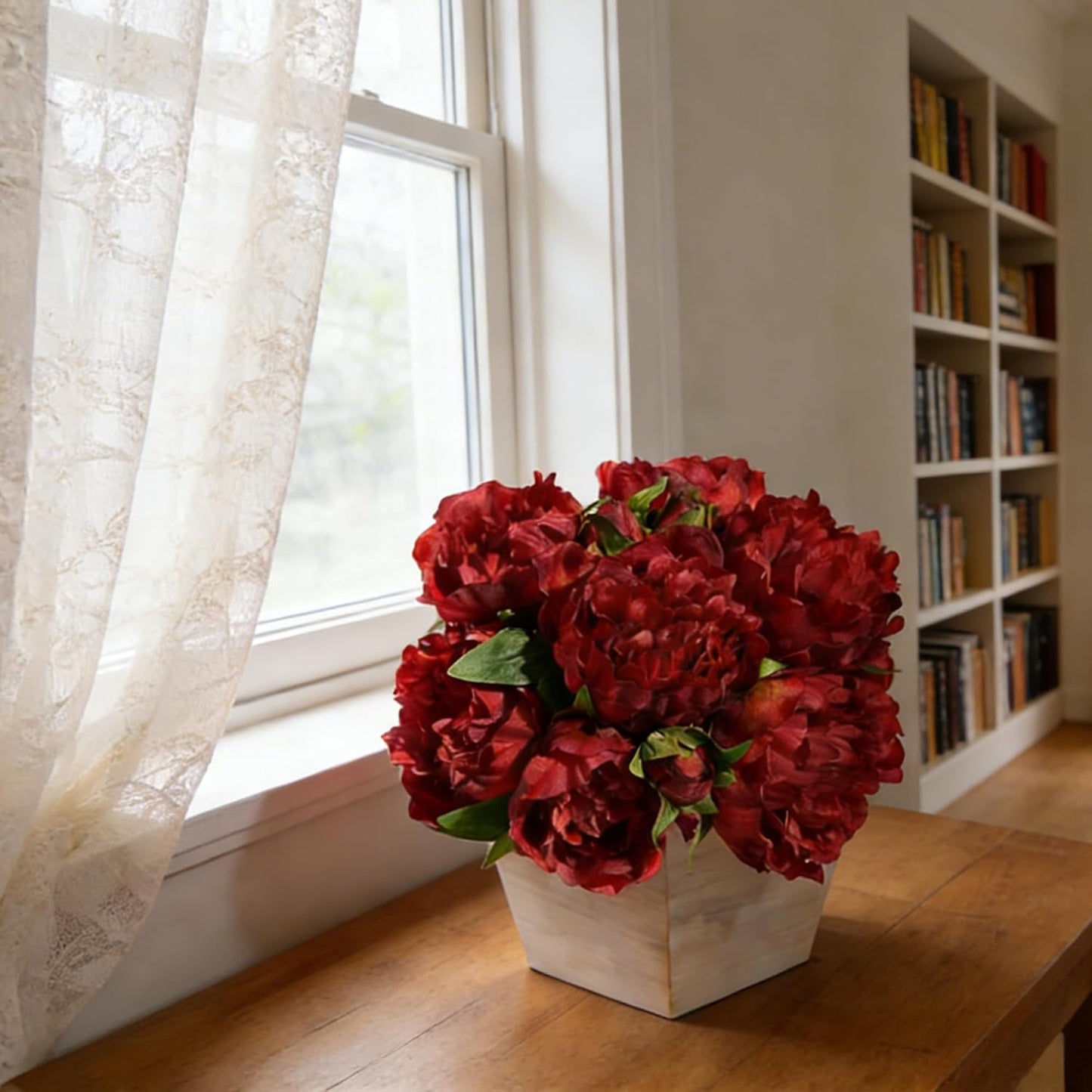 Peonies Artificial Flowers with Wood Pot, 12Pcs Pink Silk Flower Home Decor, Centerpieces for Tables, Floral Bulk with Planter, Lifelike Peony for Windows Office Dinning Room Bookshelves