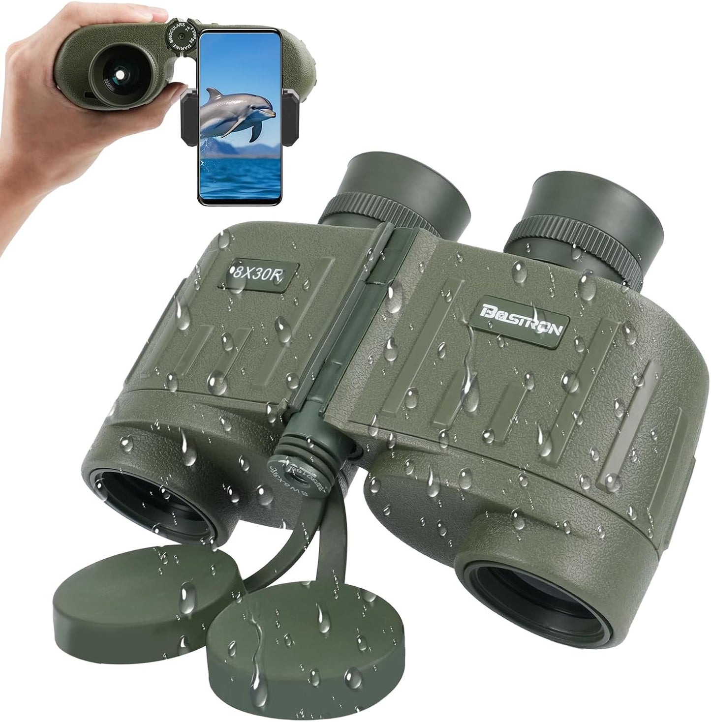 8X30 Marine Binoculars for Adults with Rangefinder Phone Adapter, Shockproof Military IPX7 Floating Waterproof Compact Binoculars with BAK4 Prism FMC Lens for Sailing Boating Navigation Bird Watching