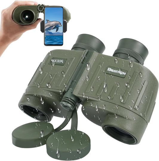 8X30 Marine Binoculars for Adults with Rangefinder Phone Adapter, Shockproof Military IPX7 Floating Waterproof Compact Binoculars with BAK4 Prism FMC Lens for Sailing Boating Navigation Bird Watching