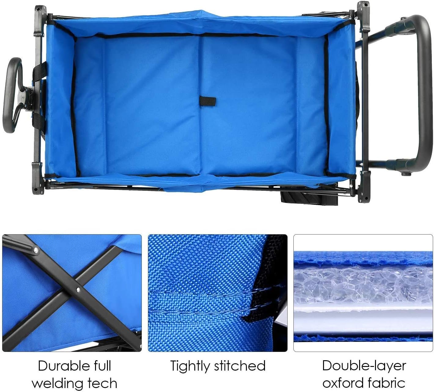 Collapsible Utility Wagon, Heavy Duty Folding Portable Push and Pull Hand Cart with Removable Canopy, for Shopping, Picnic, Beach, Camping (Blue) (Blue)