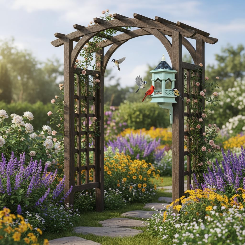Premium Wood Gazebo Bird Feeder for Outside, Gothic Style Rustic Copper Roof Birdfeeder, Longtime Outdoor Weatherability, with Wall Mount Bracket.