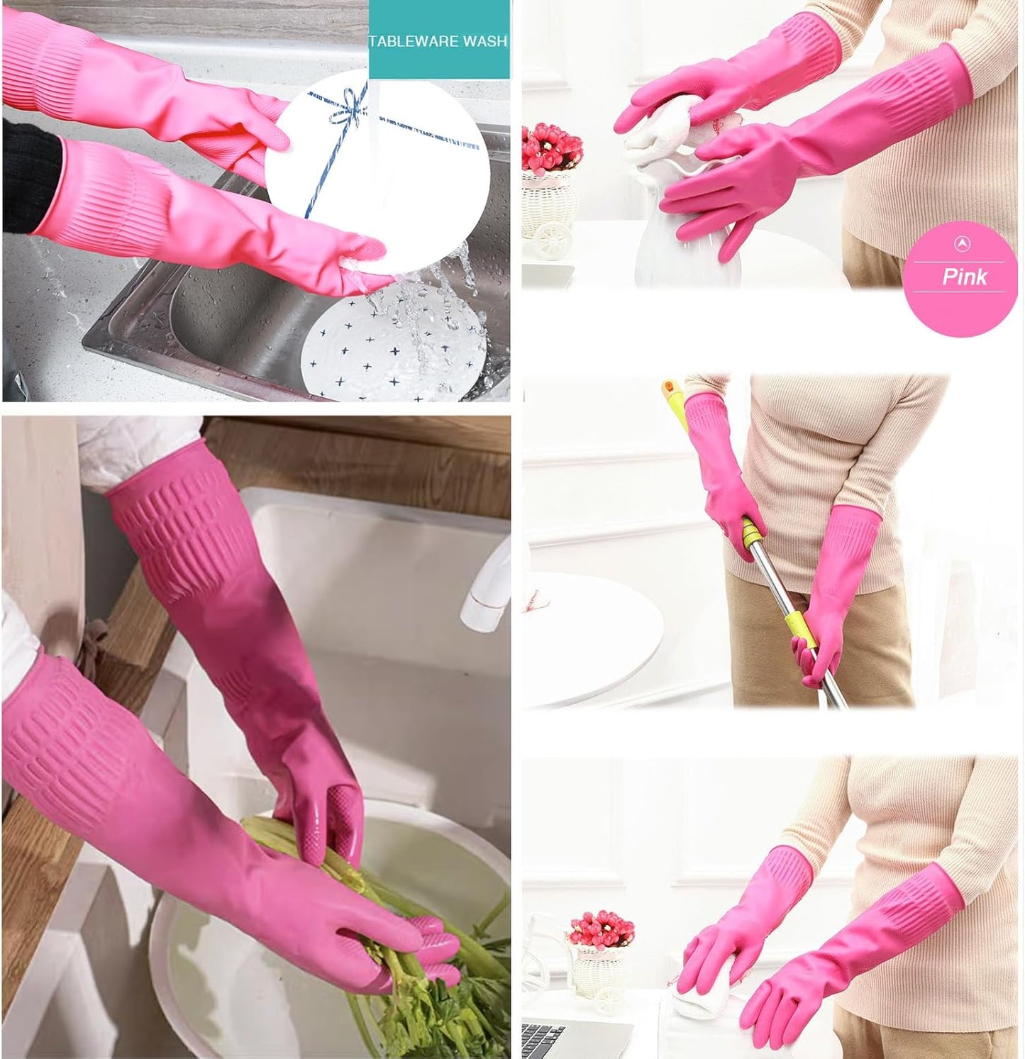 Bamllum 3 Pairs of Rubber Dishwashing Gloves for Kitchen and Household Cleaning – Long Cuff 15", Reusable, Flexible Long-lasting and Non-Slip (Red+Yellow+Green, Large)