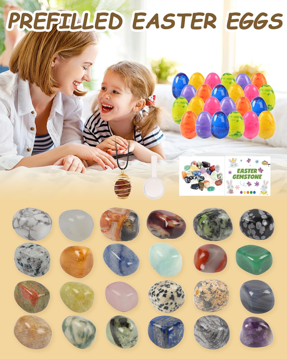 24 Pack Gem Filled Prefilled Easter Eggs, Gemstones Party Favors for Kids Prize Box Birthday Party Supplies, Easter Basket Stuffers, Easter Classroom Exchange Gift for Boys and Girls