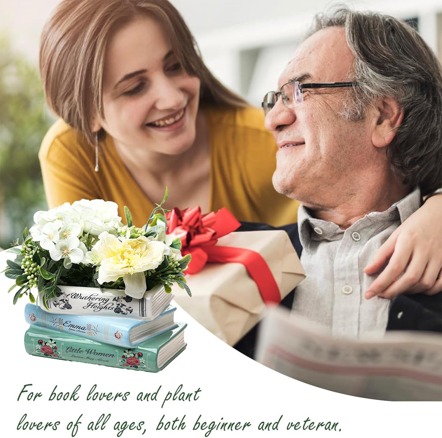 Book-Shaped Decorative Planter - Ceramic Book Vase for Flowers, Book Planter & Stacked Book Shaped Vase for Home, Office, Bookshelf for Book Lover Decor