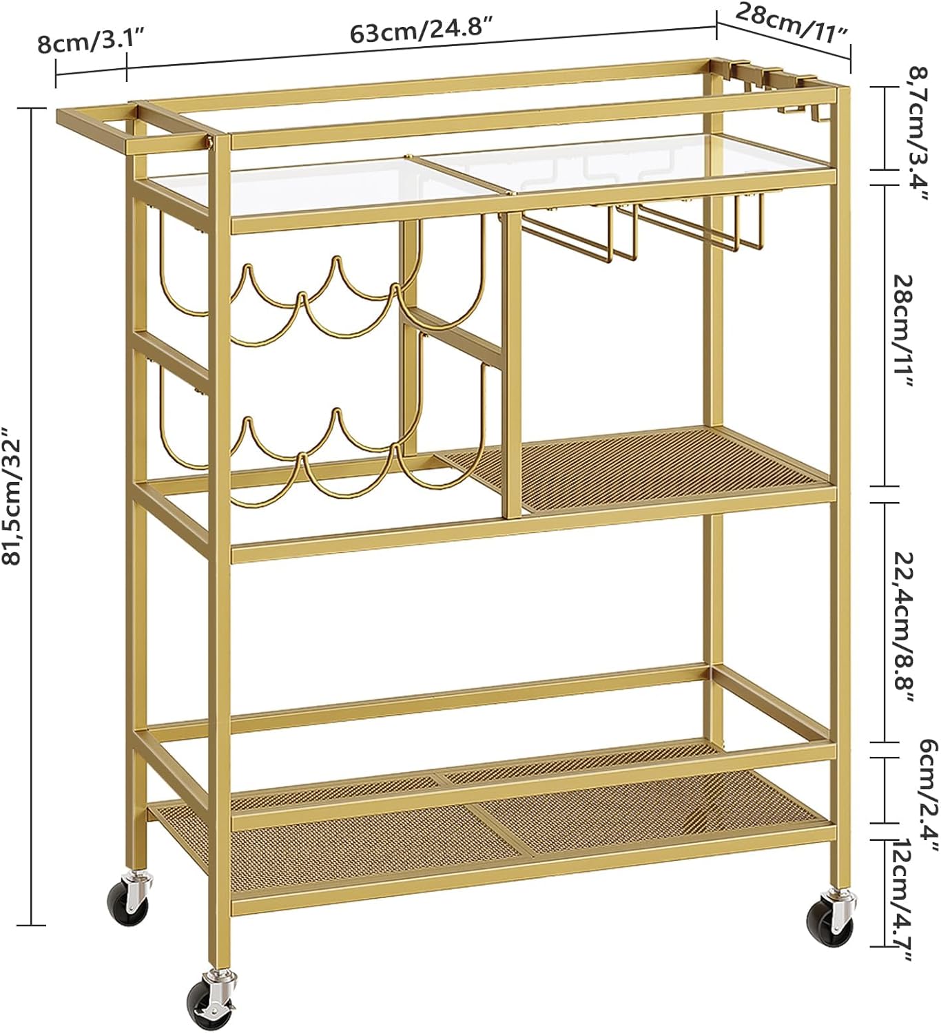 Bar Cart for Home, 3-Tier Serving Cart with Wheels and Handle, Beverag