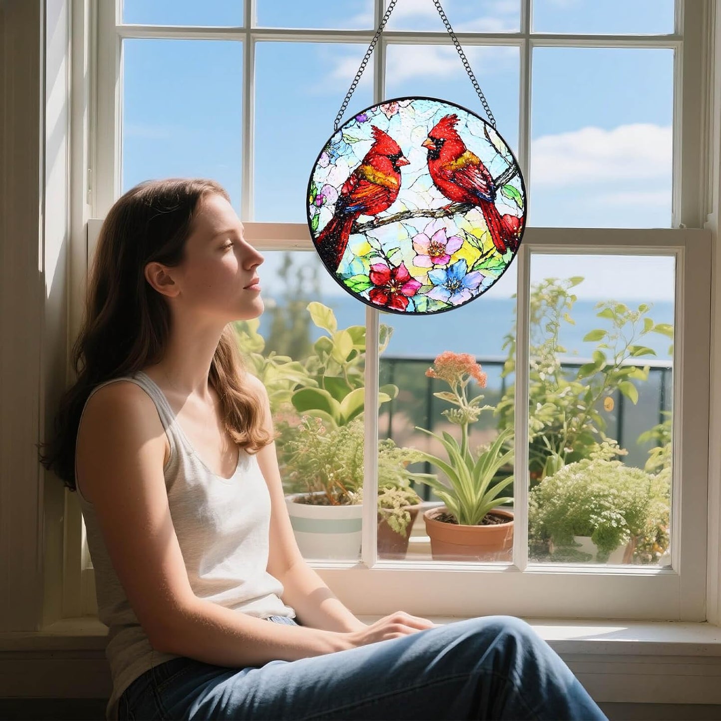 Stained Glass Window Hanging, 8 in Cardinal Sun Catchers, Diamond Glass Panel Landscape Suncatcher for Home Decor - Gift for Bird Lovers Women Mother's Day Christmas