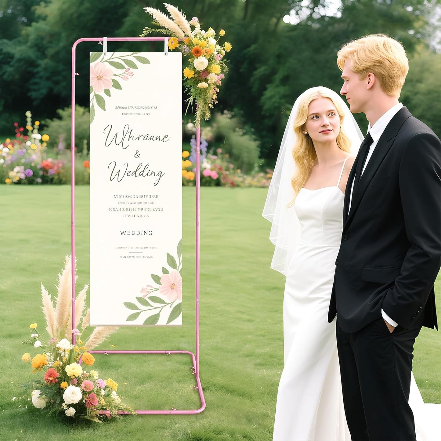 Easel Stand for Wedding Sign Holder Metal Welcome Poster Stands Wedding Seating Chart Stand Backdrop Stand Floral Ceremony Easel for Display in Pink