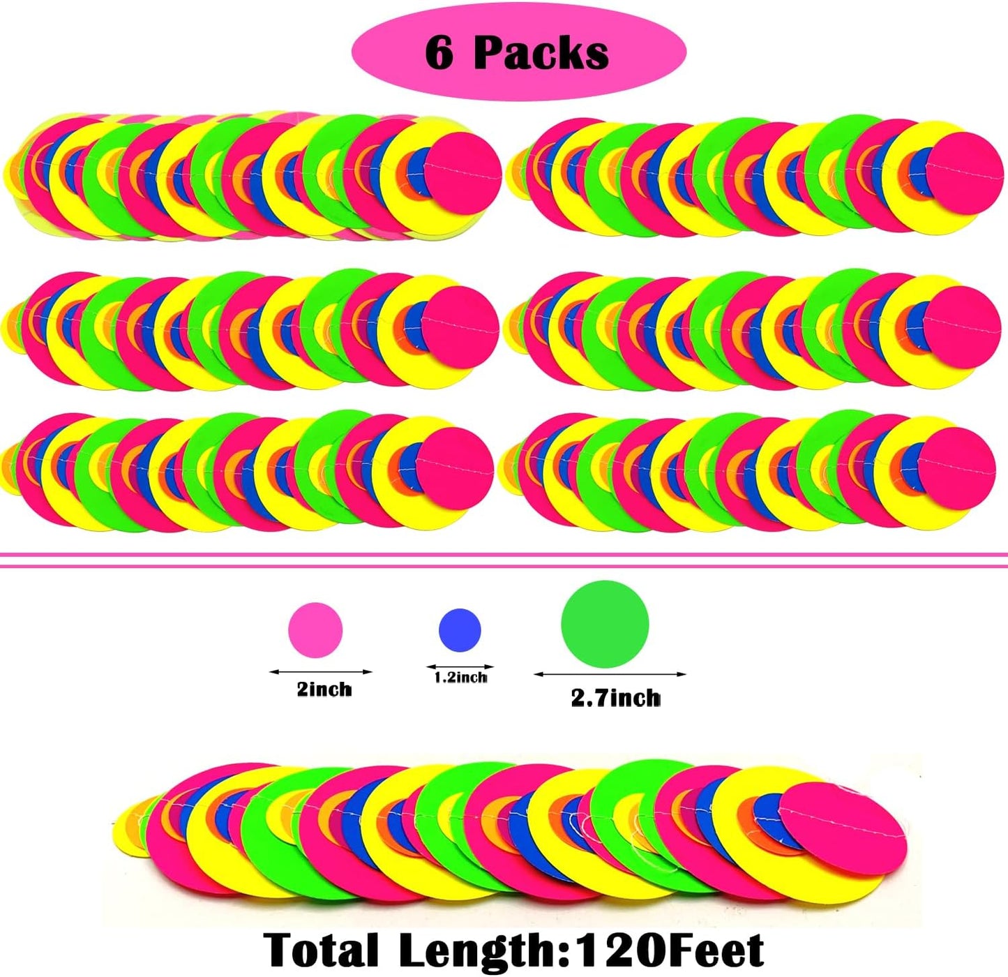 120feet UV Round Dot Paper Neon Garland Neon Streamers Decorations UV Reactive Black Light Party Favors Glow in The Dark Party Supplies for Wedding Birthday Garlands