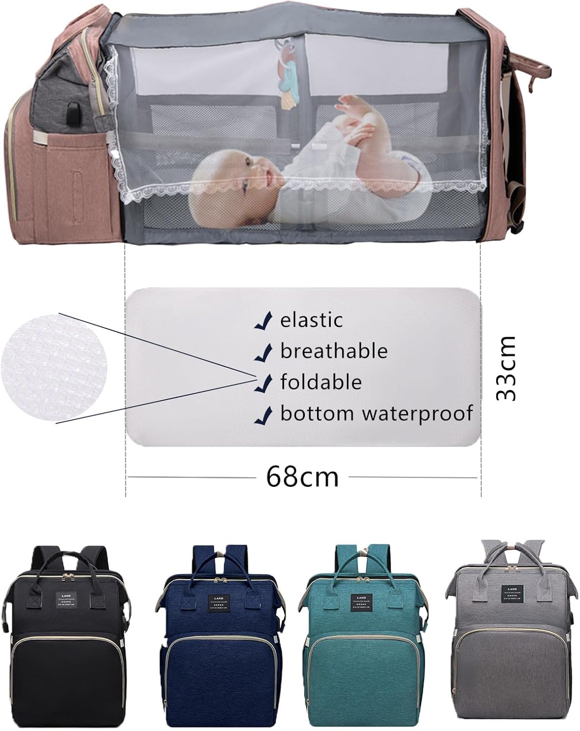 Diaper Bag Backpack with Changing Station: Pink Baby Bags for Girls Bo