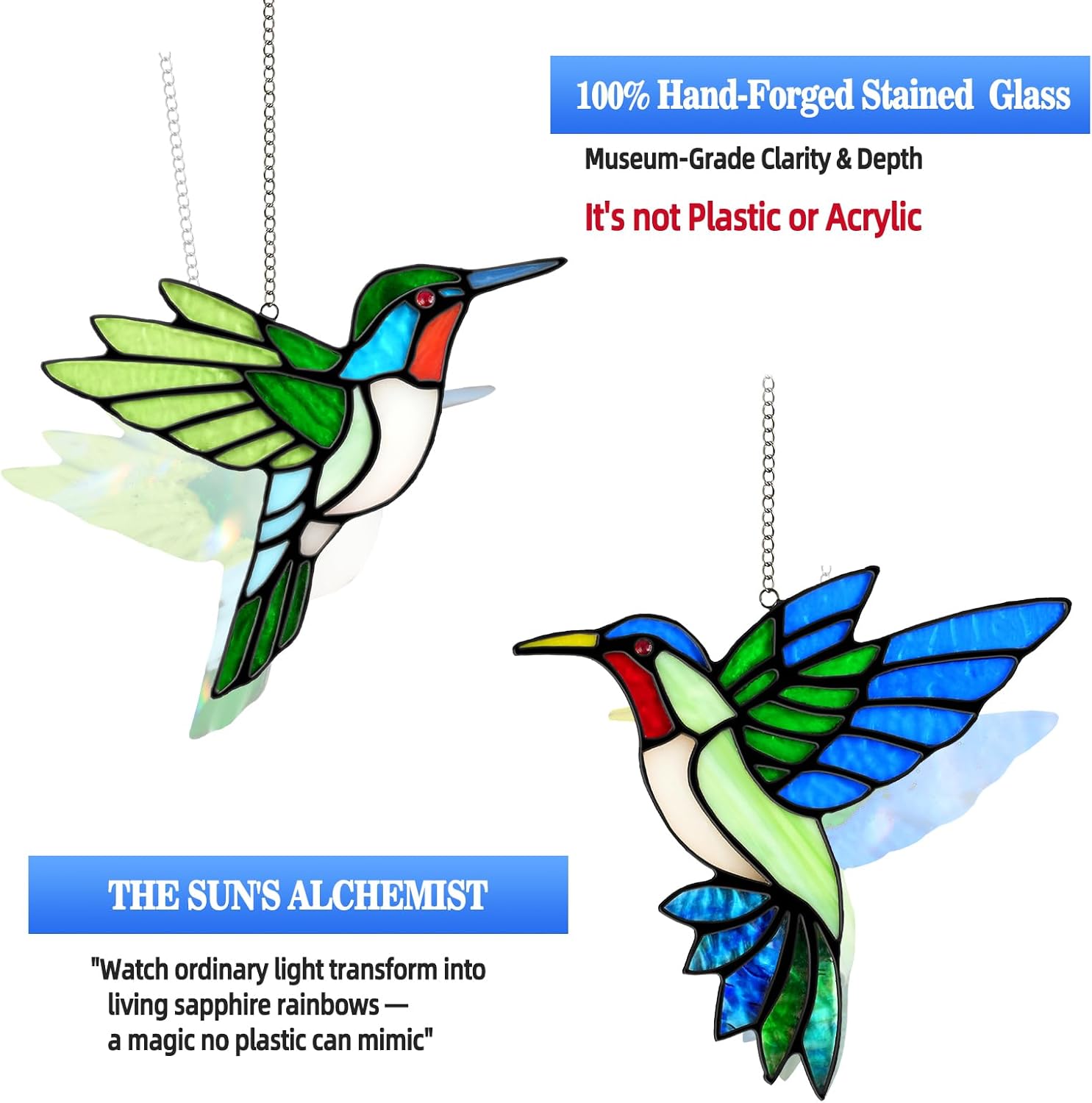 2 Packs Hummingbird Stained Glass Window Hanging Suncatchers - 6 Inch 