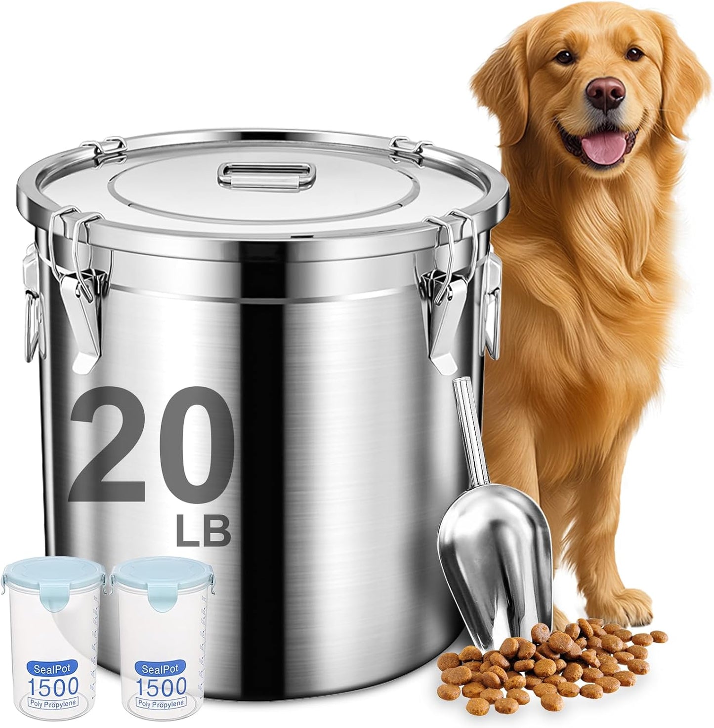 Newget Dog Food Storage Containers, Large Stainless Steel Pet Food Storage Containers 20 lb / 9 kg to Keep Fresh, Metal Airtight Cat Food Containers With Scoop and 2 Small Containers