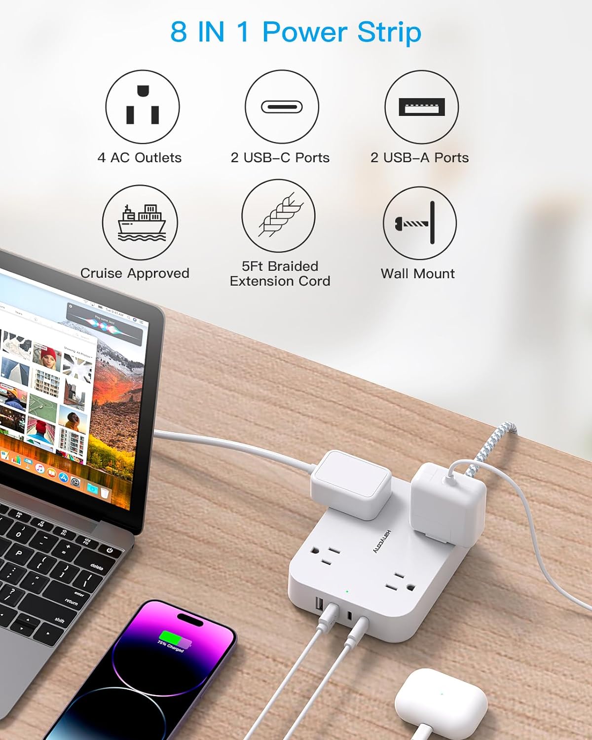 Flat Plug Extension Cord, HANYCONY 5ft Power Strip with 4 USB Ports(2 