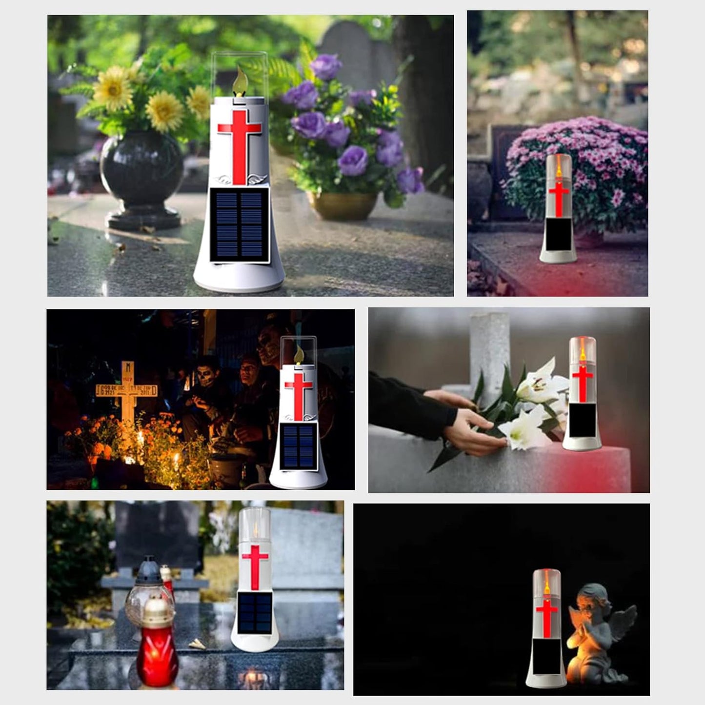 Waterproof Outdoor Solar Powered Flameless Candle LED Light Cross Grave Decoration Cemetery Light Blessed Candles for Home Memorial Decoration,Yard (2PACK)