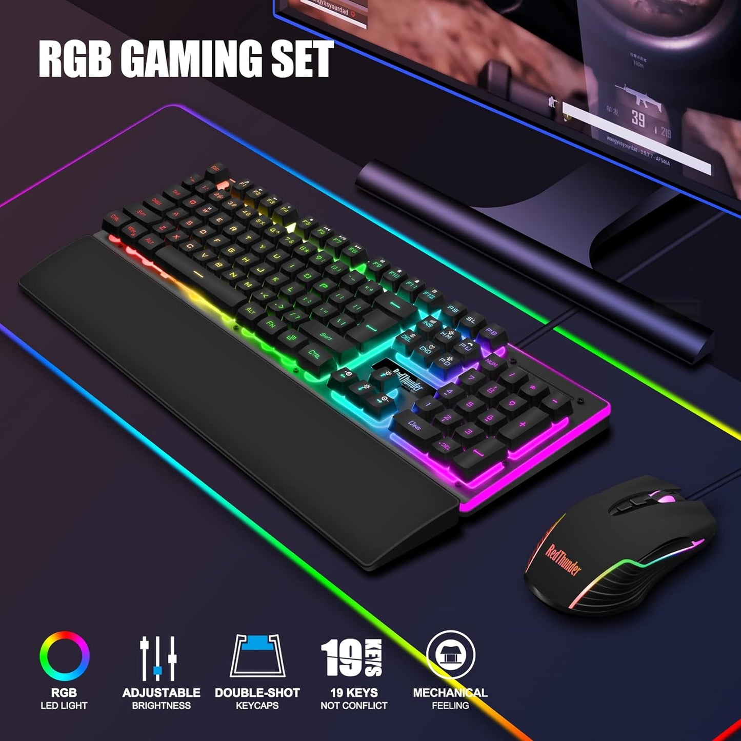 RedThunder K10 Wired Gaming Keyboard and Mouse and Wrist Rest Combo, R