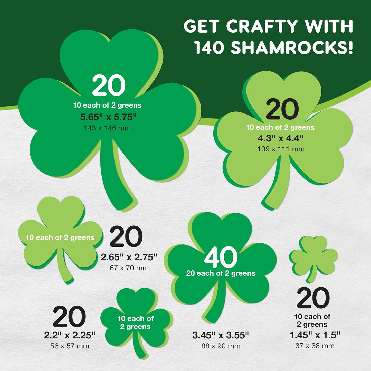 FreshCut Crafts 140 Piece Shamrock Cutouts Set: Pre-Cut Green Irish Clover Shapes for School Supplies, Decorating Themed Events Bulletin Board & St. Patrick's Day Decor, US Made Quality Card Stock