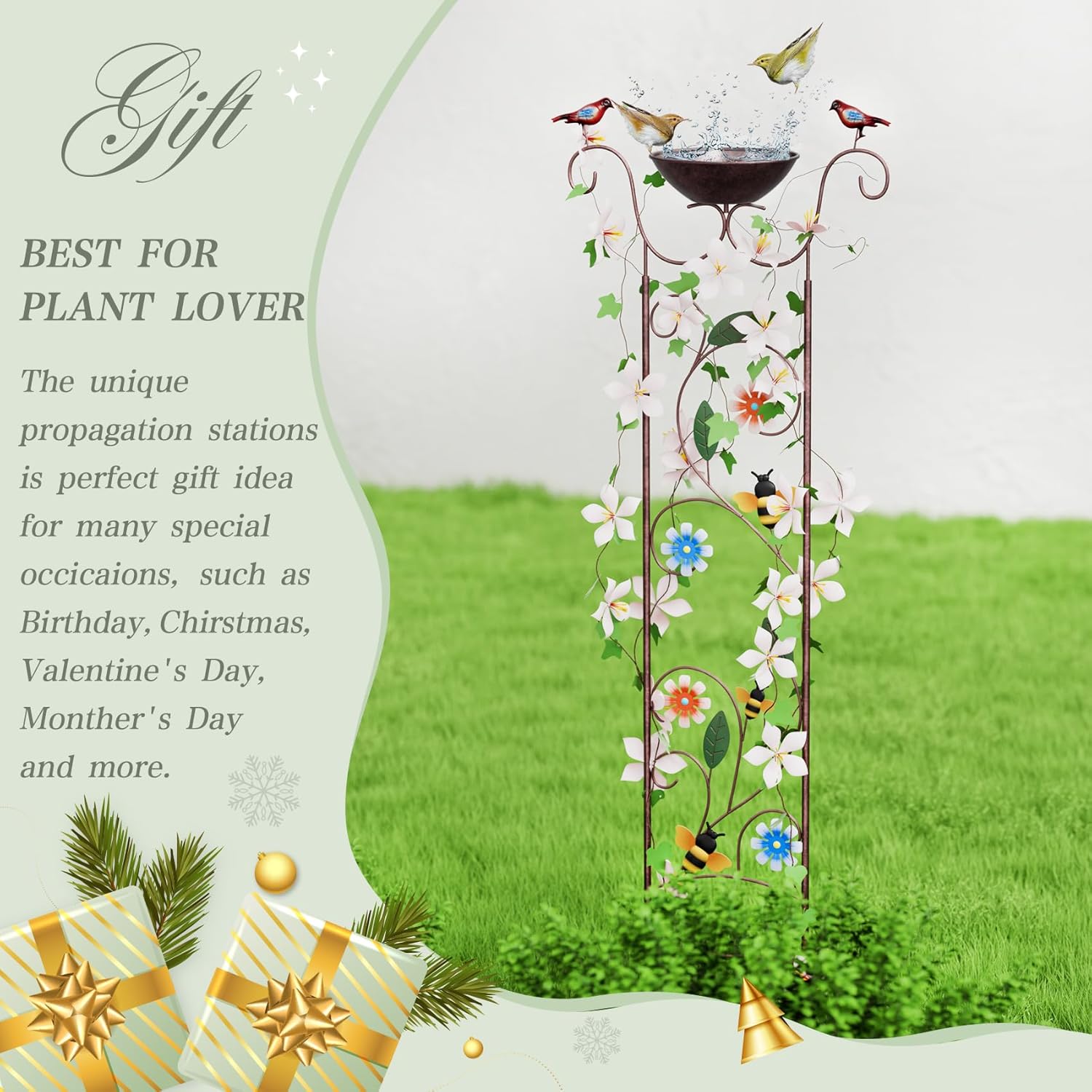 Bird Bath for Outside - Antique Iron Bird Bath with Trellis,Detachable