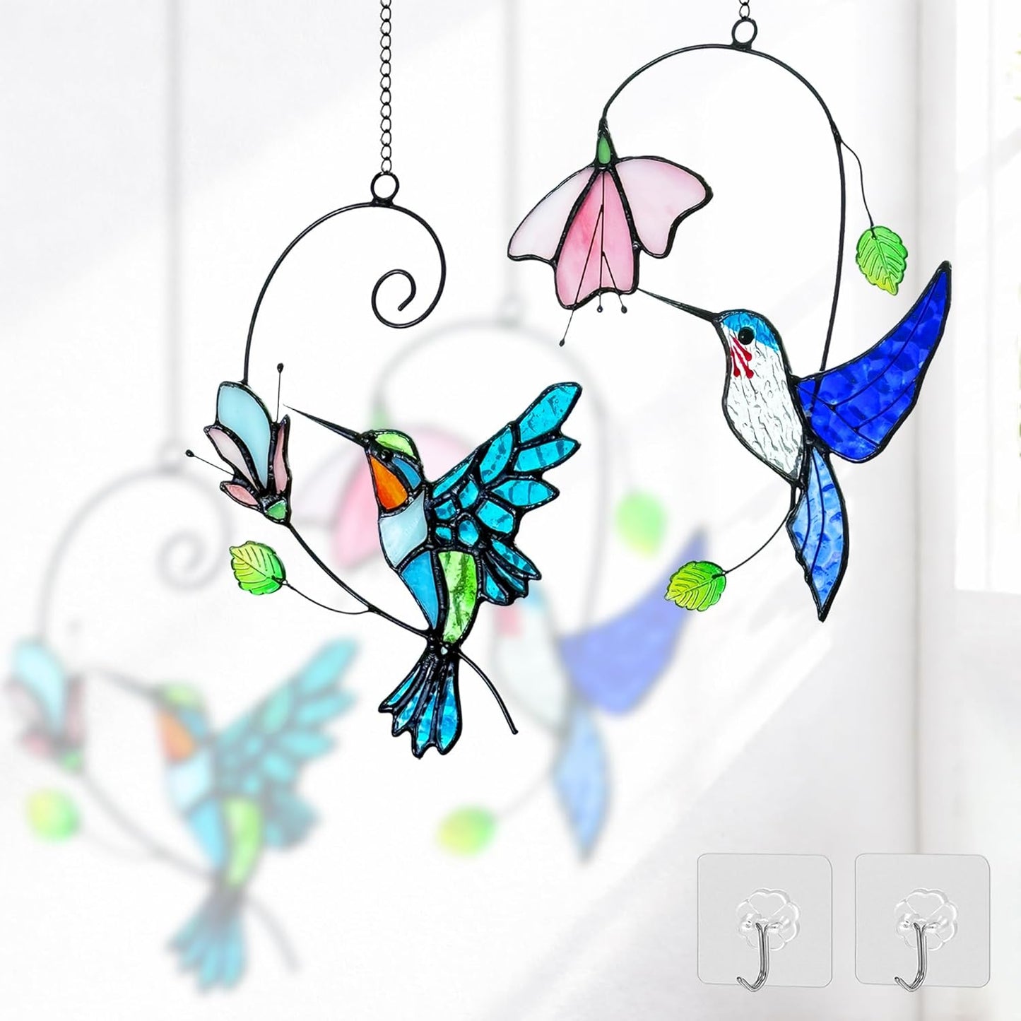 2 Packs Hummingbird Stained Glass Window,Stained Glass Window Hanging,Hummingbird Ornament,Handmade Real Suncatchers Decor for Women Mom Grandma Bird Lovers