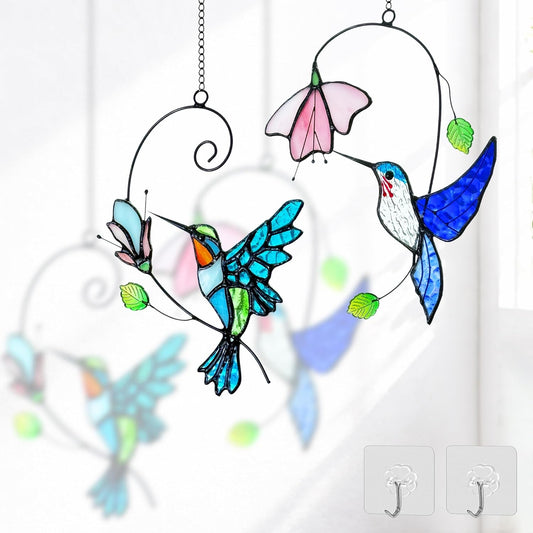 2 Packs Hummingbird Stained Glass Window,Stained Glass Window Hanging,Hummingbird Ornament,Handmade Real Suncatchers Decor for Women Mom Grandma Bird Lovers