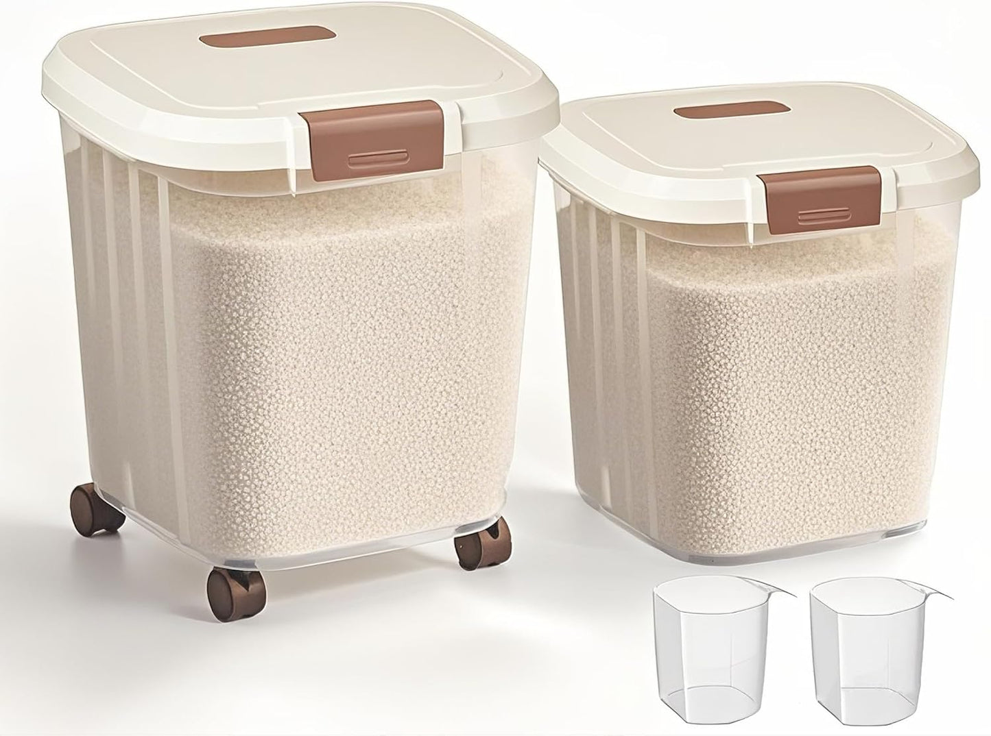 RUIAN 2PCS Airtight Food Storage Bin with Wheels BPA-Free, Lockable&Clear Pantry Organizer for Rice, Flour, Grains & Pet Food(22LBS and 55LBS)