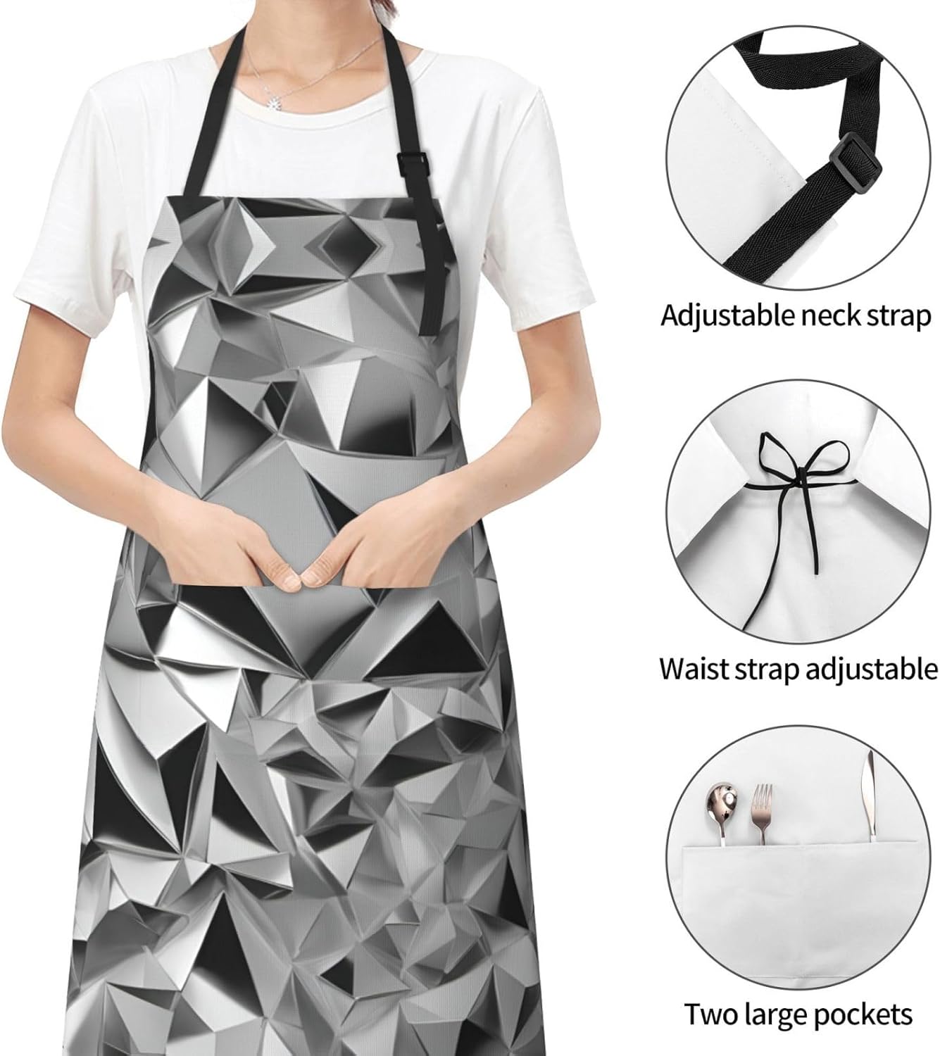 Silver Geometric Figure print Waterproof chef's apron with pocket apron for kitchen cooking baking barbecue and gardening