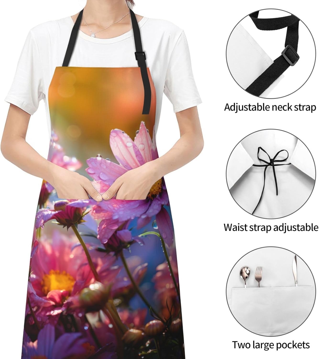 Colored flower print Waterproof apron with pocket adjustable cooking a